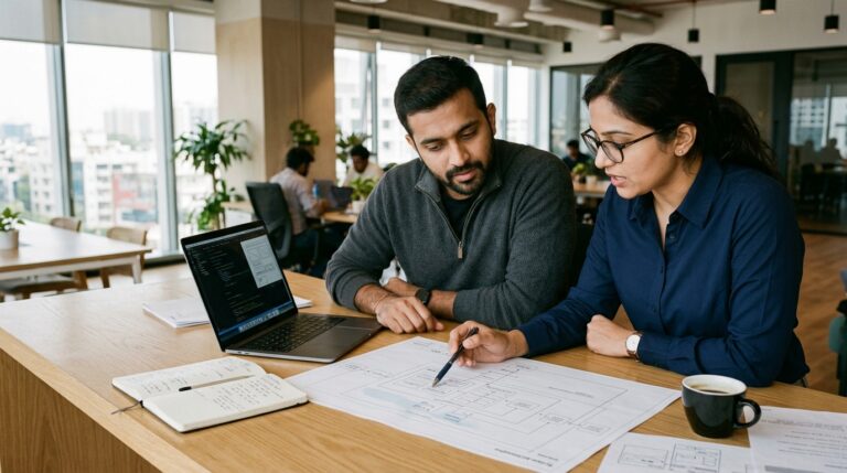 Two flowOne co-founders collaborating at a clean office table reviewing product workflow and architecture